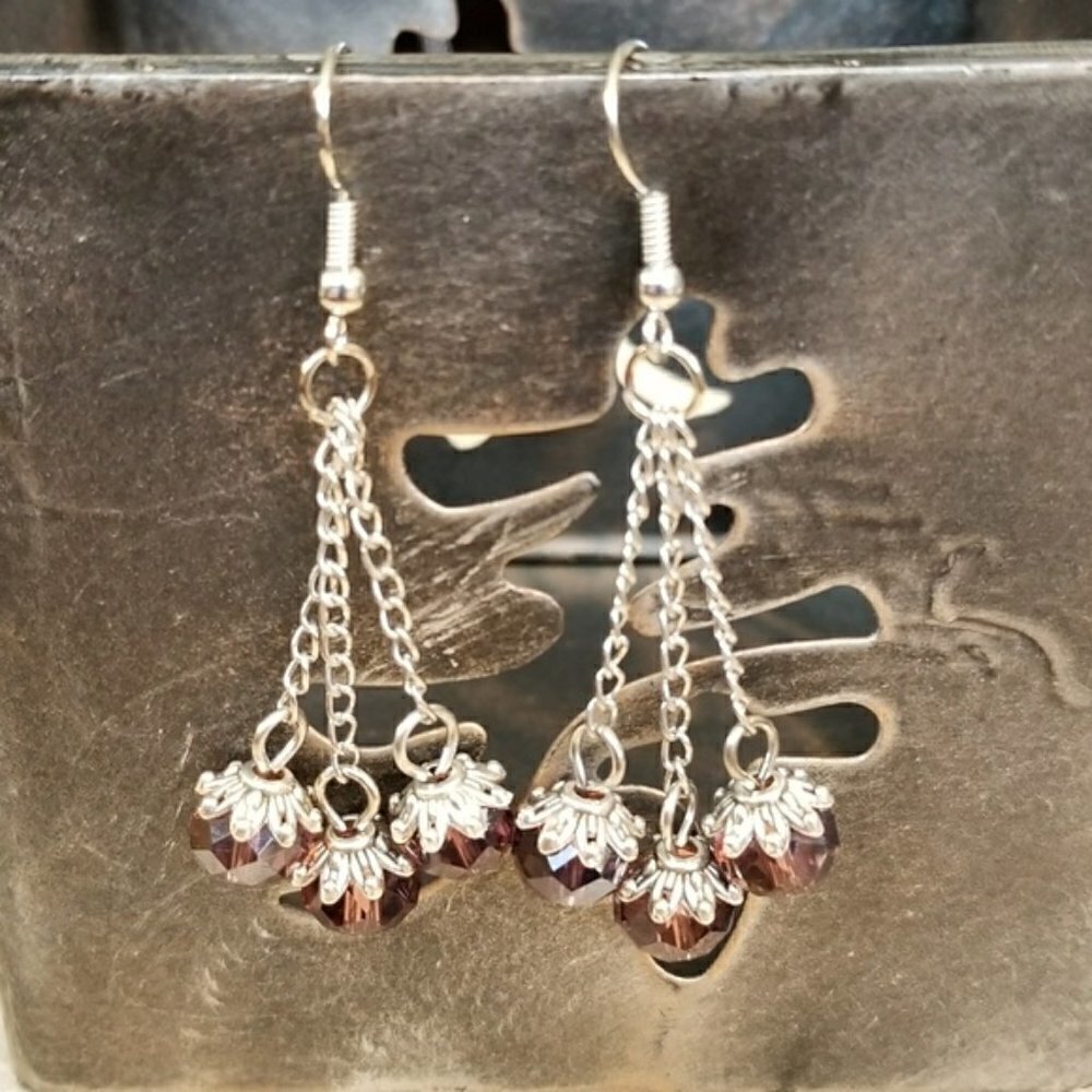 Triple Chained Purple Crystal Swingy Earrings